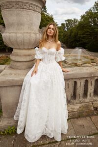 Herm’s Bridal INALA wedding dress – A-line, romantic, flowy, lace and tulle, plunging neckline, corset bodice, bare shoulders, no train
