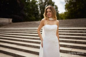 Herm’s Bridal INDEE wedding dress – simple, modest, mermaid, slim, lace and crepe, corset bodice, straight neckline, bare shoulders, no train, with train