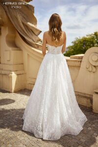Herm’s Bridal INDIO wedding dress – A-line, princess, romantic, embellished, lace and tulle, plunging neckline, corset bodice, bare shoulders, long sleeves, no train