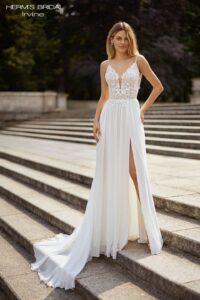 Herm’s Bridal IRVINE wedding dress – civil ceremony, A-line, romantic, embellished, flowy, lace and chiffon, plunging neckline, V-neckline, with straps, with train