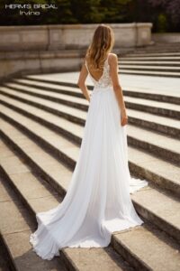 Herm’s Bridal IRVINE wedding dress – civil ceremony, A-line, romantic, embellished, flowy, lace and chiffon, plunging neckline, V-neckline, with straps, with train