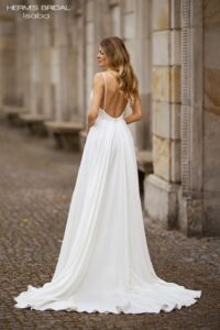 Herm’s Bridal ISABA wedding dress – minimalist, civil ceremony, A-line, simple, romantic, modest, flowy, satin, plunging neckline, V-neckline, with straps, with train