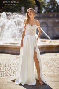 Herm’s Bridal ISGHERIA wedding dress – A-line, embellished, lace and satin, plunging neckline, corset bodice, bare shoulders, drop sleeves, off-the-shoulder, with train