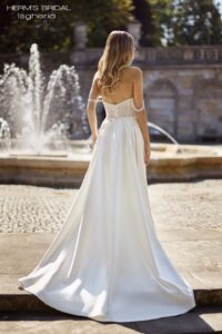 Herm’s Bridal ISGHERIA wedding dress – A-line, embellished, lace and satin, plunging neckline, corset bodice, bare shoulders, drop sleeves, off-the-shoulder, with train