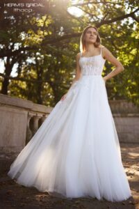 Herm’s Bridal ITHACA wedding dress – A-line, romantic, embellished, flowy, lace and tulle, straight neckline, with straps, no train