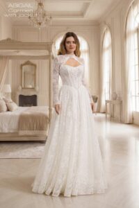 Herm’s Bridal CARMEN wedding dress – A-line, romantic, flowy, lace and tulle, corset bodice, bateau neckline, bare shoulders, no train (with jacket)