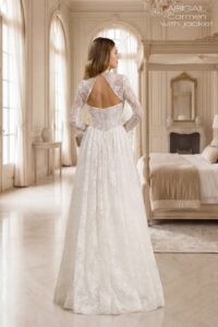 Suknia ślubna Herm’s Bridal CARMEN – litera A, romantyczna, zwiewna, z koronki i tiulu, gorsetowa góra, dekolt w łódkę, odkryte ramiona, bez trenu (z żakietem)