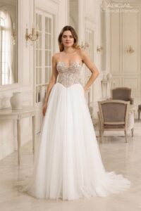 Herm’s Bridal CASABLANCA wedding dress – A-line, princess, embellished, lace and tulle, plunging neckline, corset bodice, sweetheart neckline, bare shoulders, no train
