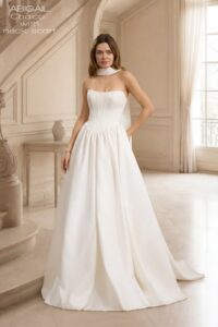 Suknia ślubna Herm’s Bridal CHALCO – bez zdobień, litera A, księżniczka, prosta, z satyny, gorsetowa góra, dekolt w łódkę, odkryte ramiona, bez trenu