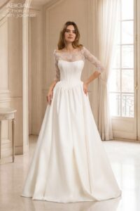 Herm’s Bridal CHALCO wedding dress – minimalist, A-line, princess, simple, satin, corset bodice, bateau neckline, bare shoulders, no train (with jacket)