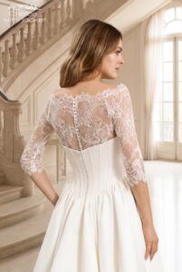 Herm’s Bridal CHALCO wedding dress – minimalist, A-line, princess, simple, satin, corset bodice, bateau neckline, bare shoulders, no train (with jacket)