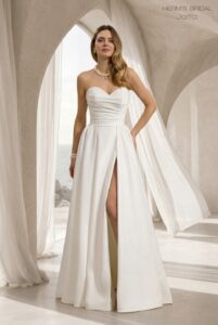 Herm’s Bridal JAFFA wedding dress – minimalist, A-line, simple, modest, flowy, satin, plunging neckline, corset bodice, sweetheart neckline, bare shoulders, short, with train