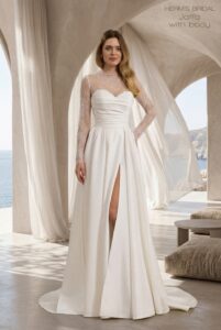 Herm’s Bridal JAFFA wedding dress – minimalist, A-line, simple, modest, flowy, satin, plunging neckline, corset bodice, sweetheart neckline, bare shoulders, short, with train