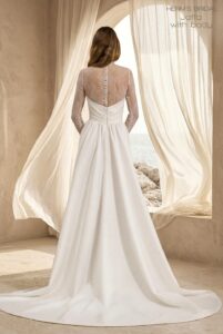 Herm’s Bridal JAFFA wedding dress – minimalist, A-line, simple, modest, flowy, satin, plunging neckline, corset bodice, sweetheart neckline, bare shoulders, short, with train