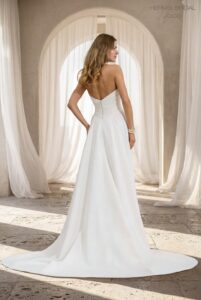 Herm’s Bridal JOAO wedding dress – minimalist, A-line, flowy, satin, corset bodice, straight neckline, bare shoulders, with train