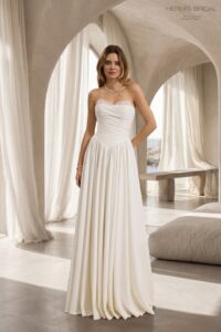 Herm’s Bridal JOLIET wedding dress – minimalist, A-line, princess, simple, lace and satin, corset bodice, straight neckline, sweetheart neckline, bare shoulders, long sleeves, no train