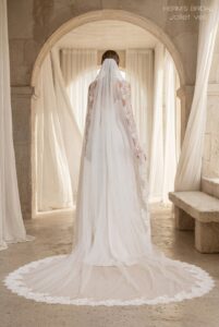 Herm’s Bridal JOLIET wedding dress – minimalist, A-line, princess, simple, lace and satin, corset bodice, straight neckline, sweetheart neckline, bare shoulders, long sleeves, no train (with veil)