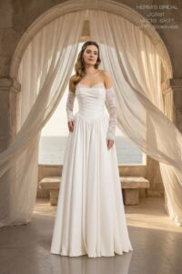 Herm’s Bridal JOLIET wedding dress – minimalist, A-line, princess, simple, lace and satin, corset bodice, straight neckline, sweetheart neckline, bare shoulders, long sleeves, no train (with sleeves, with detachable skirt)