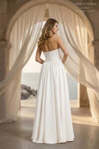 Herm’s Bridal JOLIET wedding dress – minimalist, A-line, princess, simple, lace and satin, corset bodice, straight neckline, sweetheart neckline, bare shoulders, long sleeves, no train (with detachable skirt)